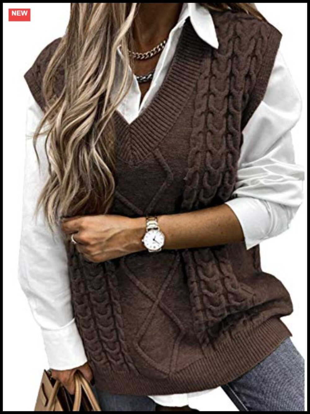 Oversized Cable Knit Sweater Vest V-Neck Sleeveless Pullover Top